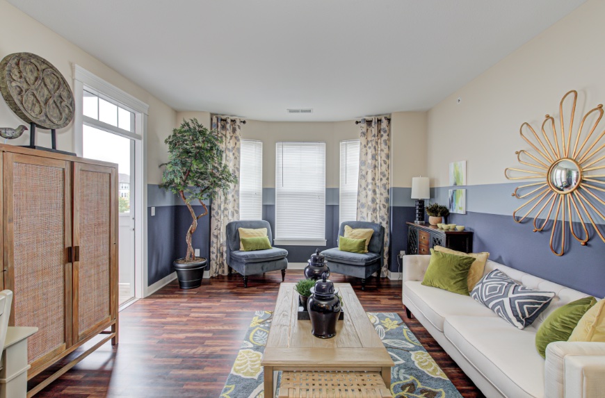 Model Living Room in Noblesville apartments.